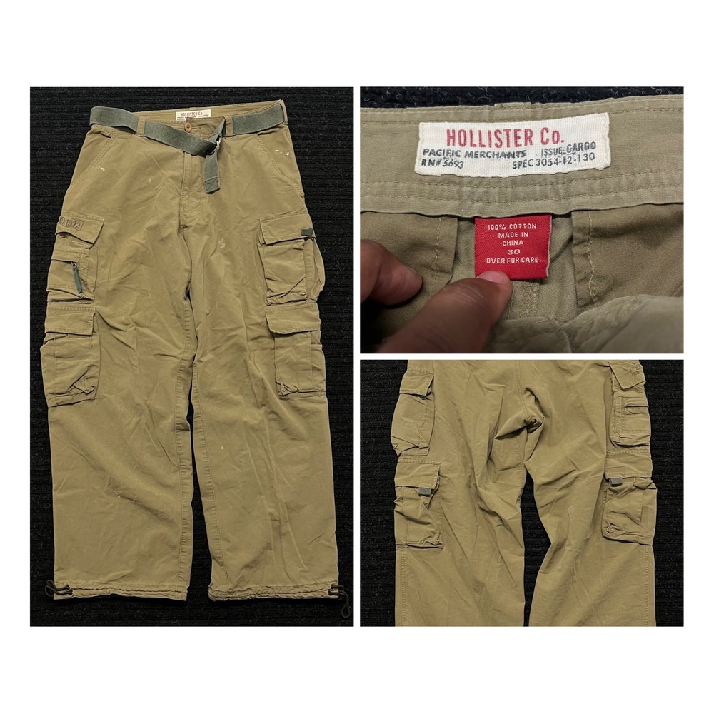 Hollister Co Pacific Merchants Cargo Pants Khaki Tan Wide Leg Mens 30 Belted
